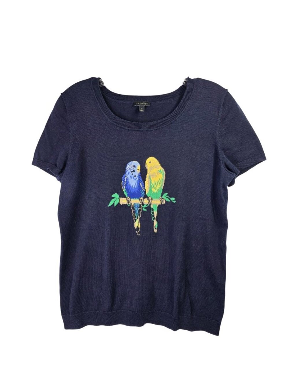 Talbots Sweater Top Womens M Blue Parakeet Bird Short Sleeve Cotton Knit Casual